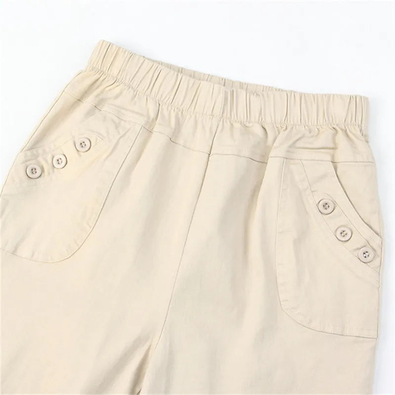 White Women's Trousers 5XL Spring Summer Autumn Female Stretch Waist Cotton Straight pants Middle aged lady Solid Casual Pants