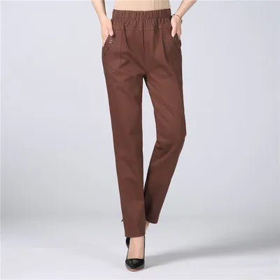 White Women's Trousers 5XL Spring Summer Autumn Female Stretch Waist Cotton Straight pants Middle aged lady Solid Casual Pants