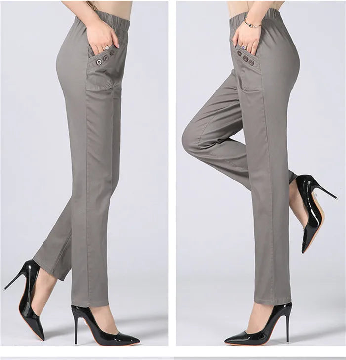 White Women's Trousers 5XL Spring Summer Autumn Female Stretch Waist Cotton Straight pants Middle aged lady Solid Casual Pants
