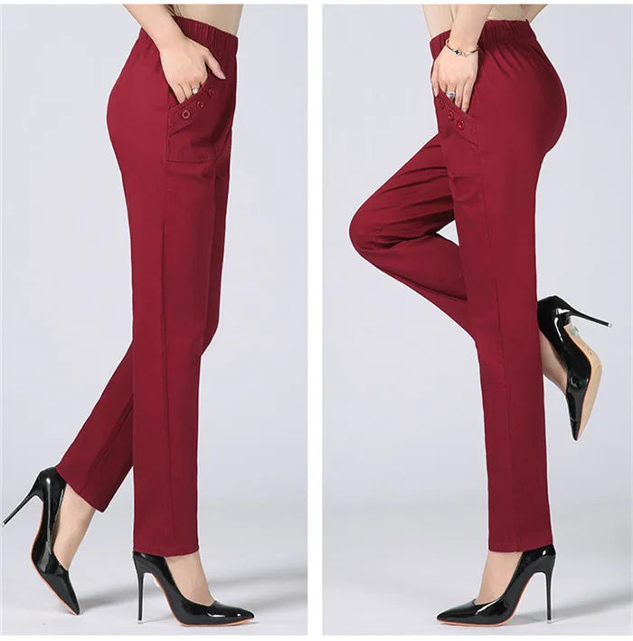 White Women's Trousers 5XL Spring Summer Autumn Female Stretch Waist Cotton Straight pants Middle aged lady Solid Casual Pants