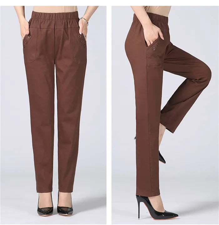 White Women's Trousers 5XL Spring Summer Autumn Female Stretch Waist Cotton Straight pants Middle aged lady Solid Casual Pants