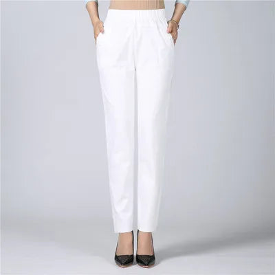 White Women's Trousers 5XL Spring Summer Autumn Female Stretch Waist Cotton Straight pants Middle aged lady Solid Casual Pants