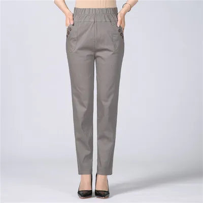 White Women's Trousers 5XL Spring Summer Autumn Female Stretch Waist Cotton Straight pants Middle aged lady Solid Casual Pants