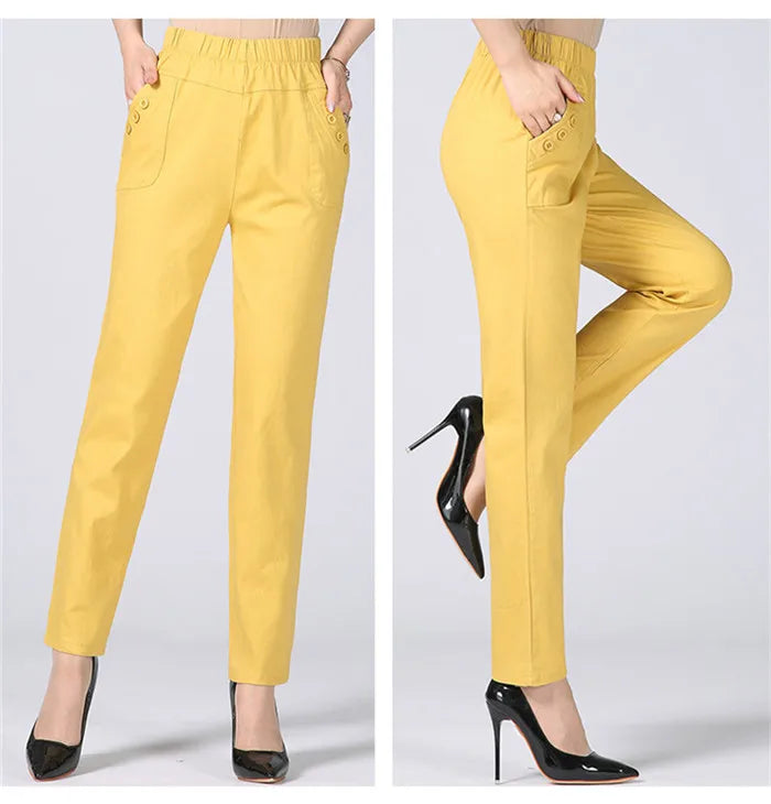 White Women's Trousers 5XL Spring Summer Autumn Female Stretch Waist Cotton Straight pants Middle aged lady Solid Casual Pants
