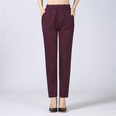White Women's Trousers 5XL Spring Summer Autumn Female Stretch Waist Cotton Straight pants Middle aged lady Solid Casual Pants