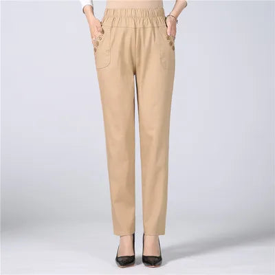 White Women's Trousers 5XL Spring Summer Autumn Female Stretch Waist Cotton Straight pants Middle aged lady Solid Casual Pants