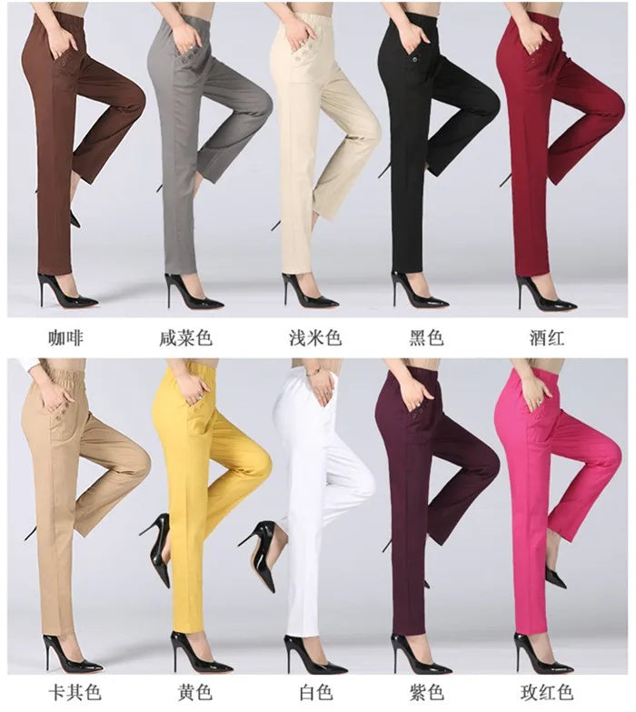 White Women's Trousers 5XL Spring Summer Autumn Female Stretch Waist Cotton Straight pants Middle aged lady Solid Casual Pants