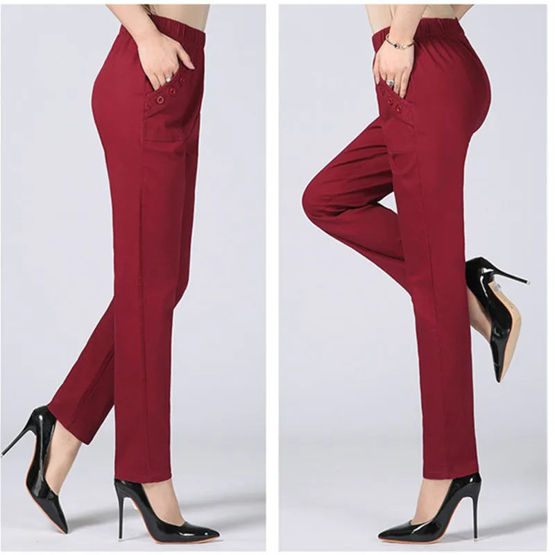 White Women's Trousers 5XL Spring Summer Autumn Female Stretch Waist Cotton Straight pants Middle aged lady Solid Casual Pants