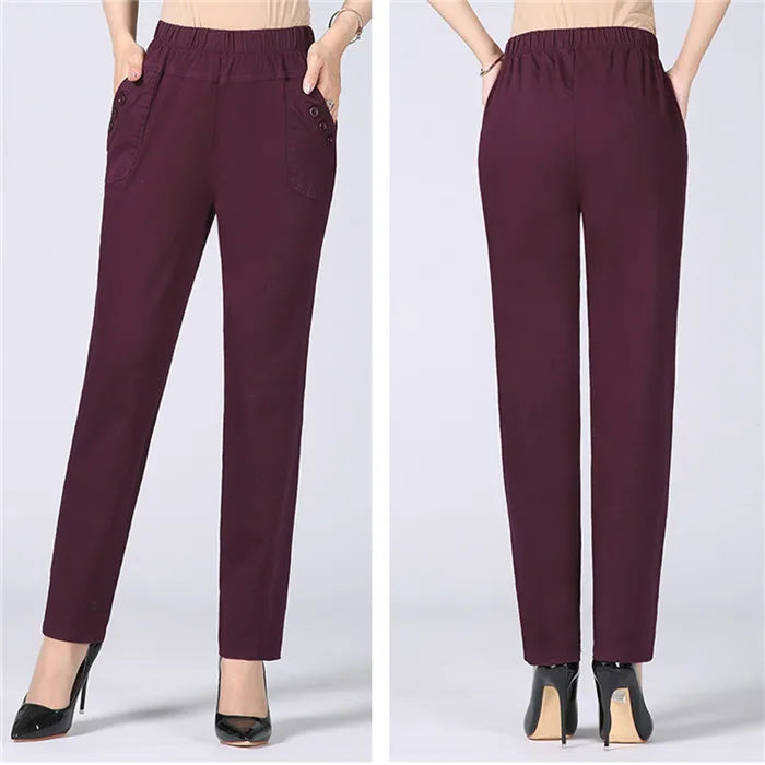 White Women's Trousers 5XL Spring Summer Autumn Female Stretch Waist Cotton Straight pants Middle aged lady Solid Casual Pants