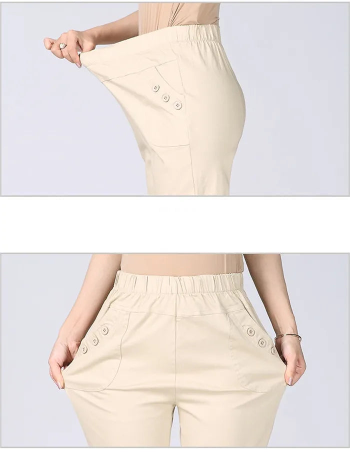White Women's Trousers 5XL Spring Summer Autumn Female Stretch Waist Cotton Straight pants Middle aged lady Solid Casual Pants