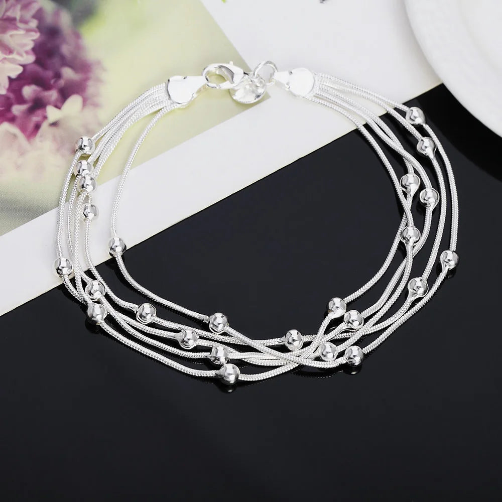925 Delicate Silver Bracelet, 925 Sterling Silver Jewelry Five Line Beads Ball Bracelets Bangle for Women Pulseiras De Prata