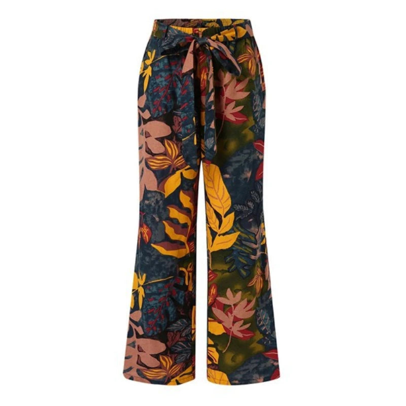 Vintage Women Drawstring Trousers Spring Autumn Fashion Floral Printed Wide Leg Pants Ladies Casual Loose Long Pantalones