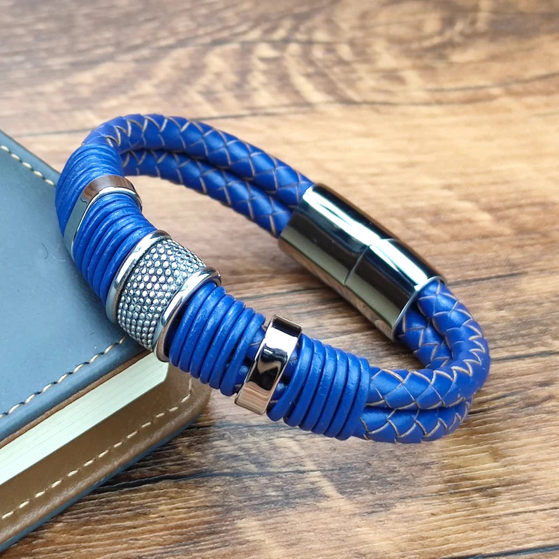 Boho Wrap Bracelet Fashion Men Blue Bracelet Double Braided Leather Stainless Steel Magnetic Clasp Bracelets Male Jewelry Gift
