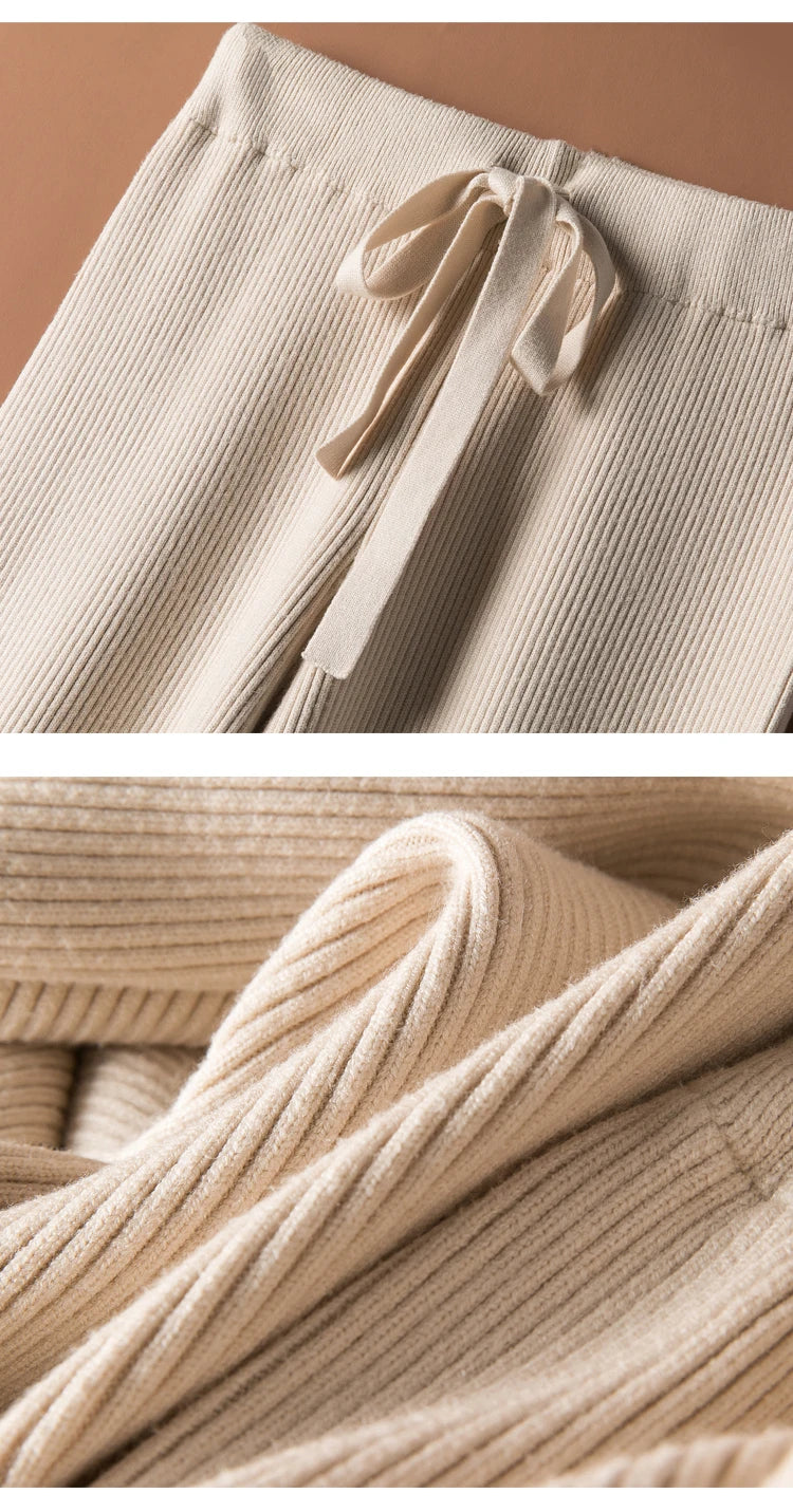 Women Pants 2020 New Winter Soft Waxy Comfortable High-Waist Cashmere Knitted Trousers Female Solid Color Casual Wide Leg Pants