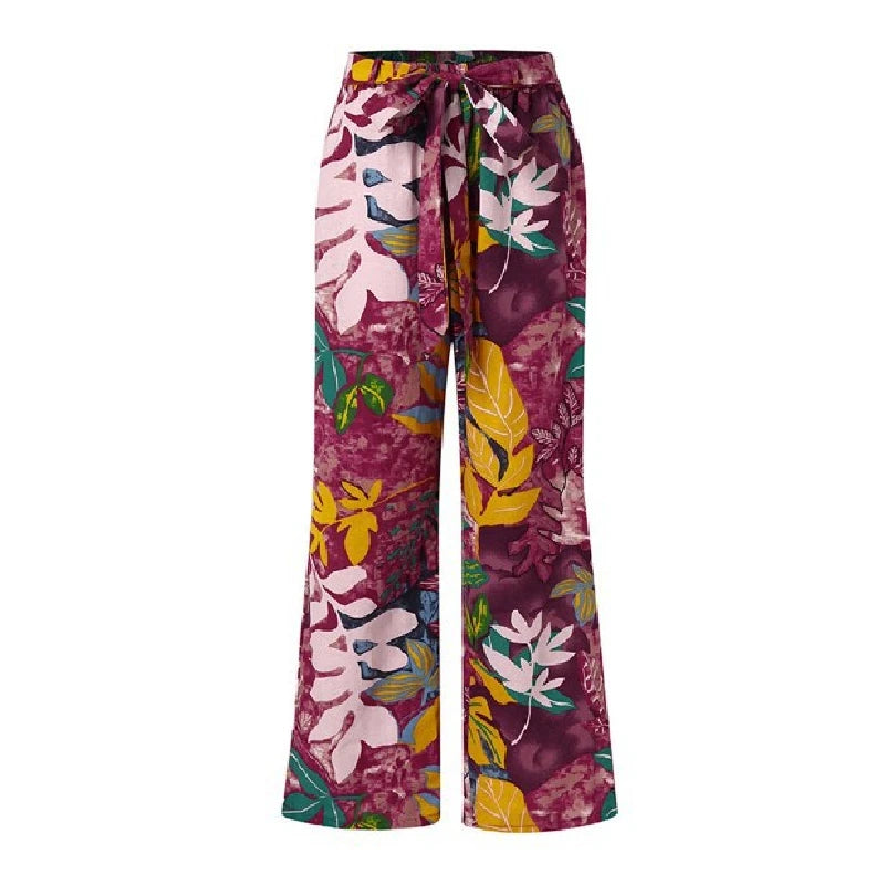 Vintage Women Drawstring Trousers Spring Autumn Fashion Floral Printed Wide Leg Pants Ladies Casual Loose Long Pantalones