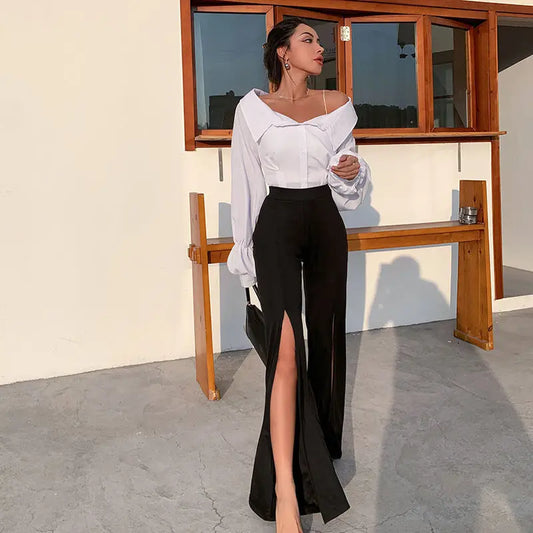 Spring 2021 new women's bell bottom trousers high waist straight split casual flared trousers