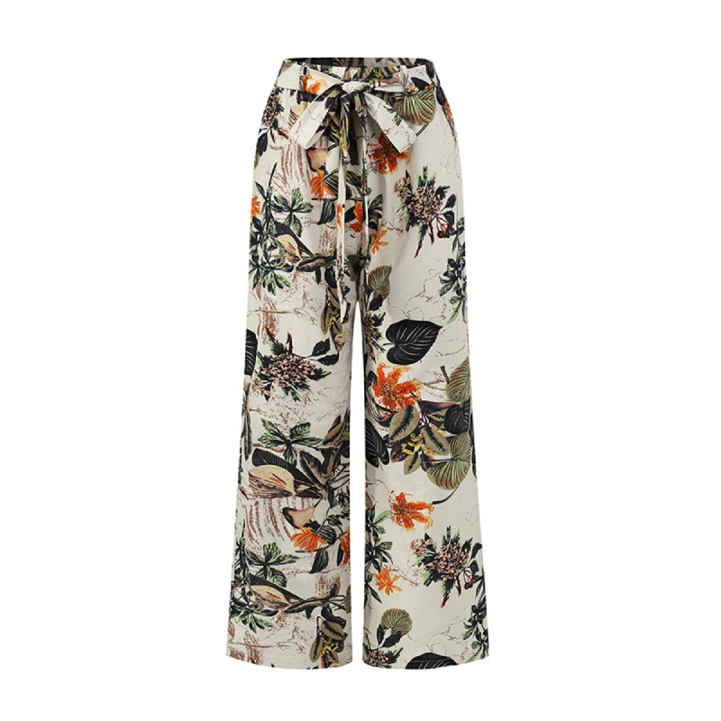 Vintage Women Drawstring Trousers Spring Autumn Fashion Floral Printed Wide Leg Pants Ladies Casual Loose Long Pantalones