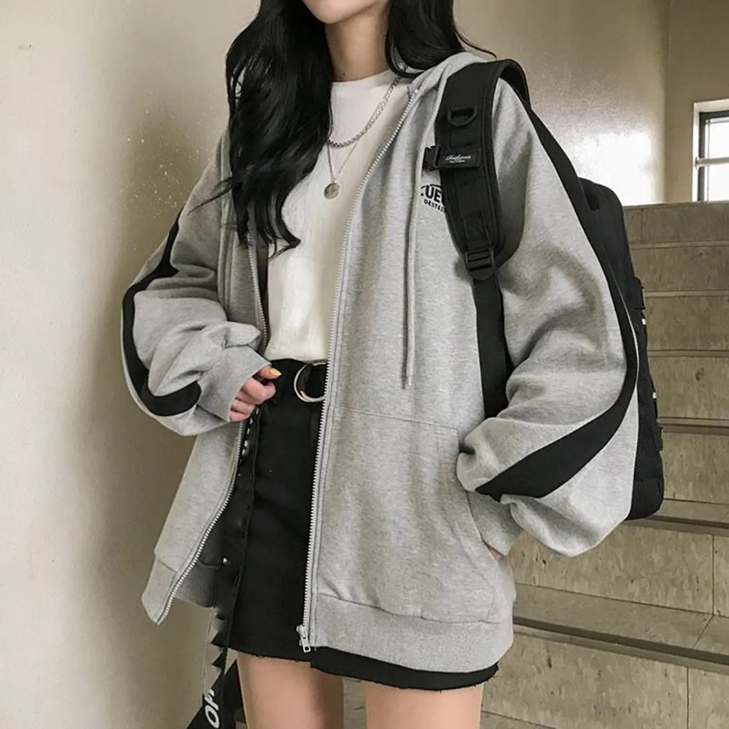 Women Hoodies Harajuku Hooded Oversized Hoodie Solid Long Sleeve Irregular Sweatshirt Loose Print Zip-up Tops Blouse Jacket Coat