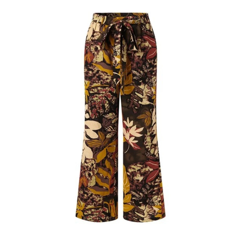 Vintage Women Drawstring Trousers Spring Autumn Fashion Floral Printed Wide Leg Pants Ladies Casual Loose Long Pantalones
