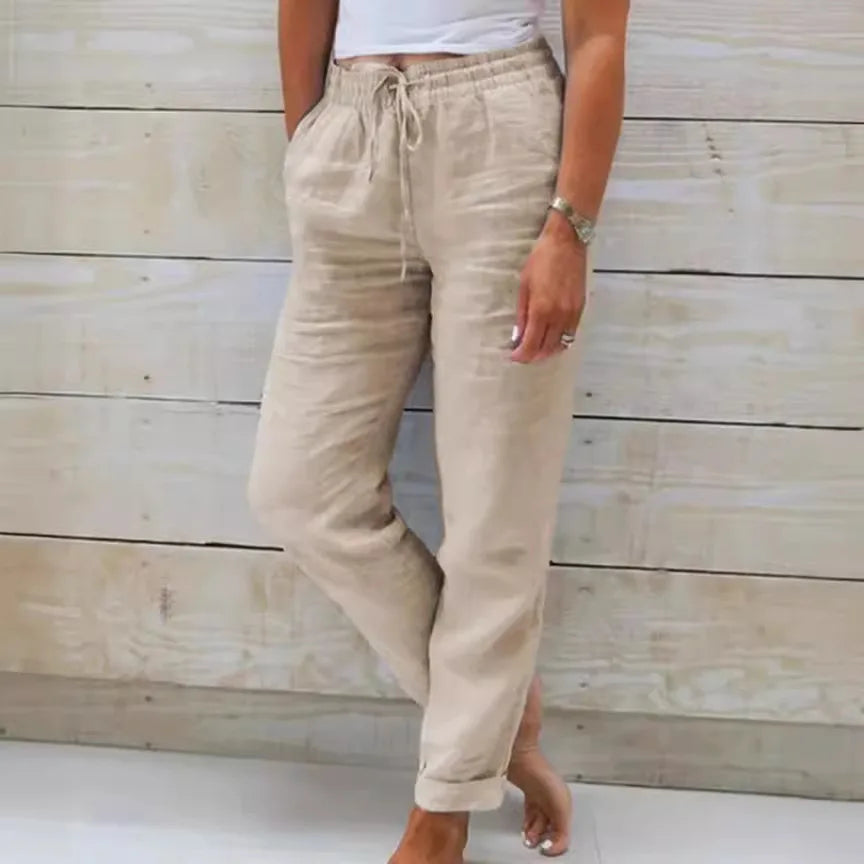 2025 Women's New Cotton And Linen Trousers Women's High Waist Elastic Casual Trousers Fashionable Street Breathable Loose Pants