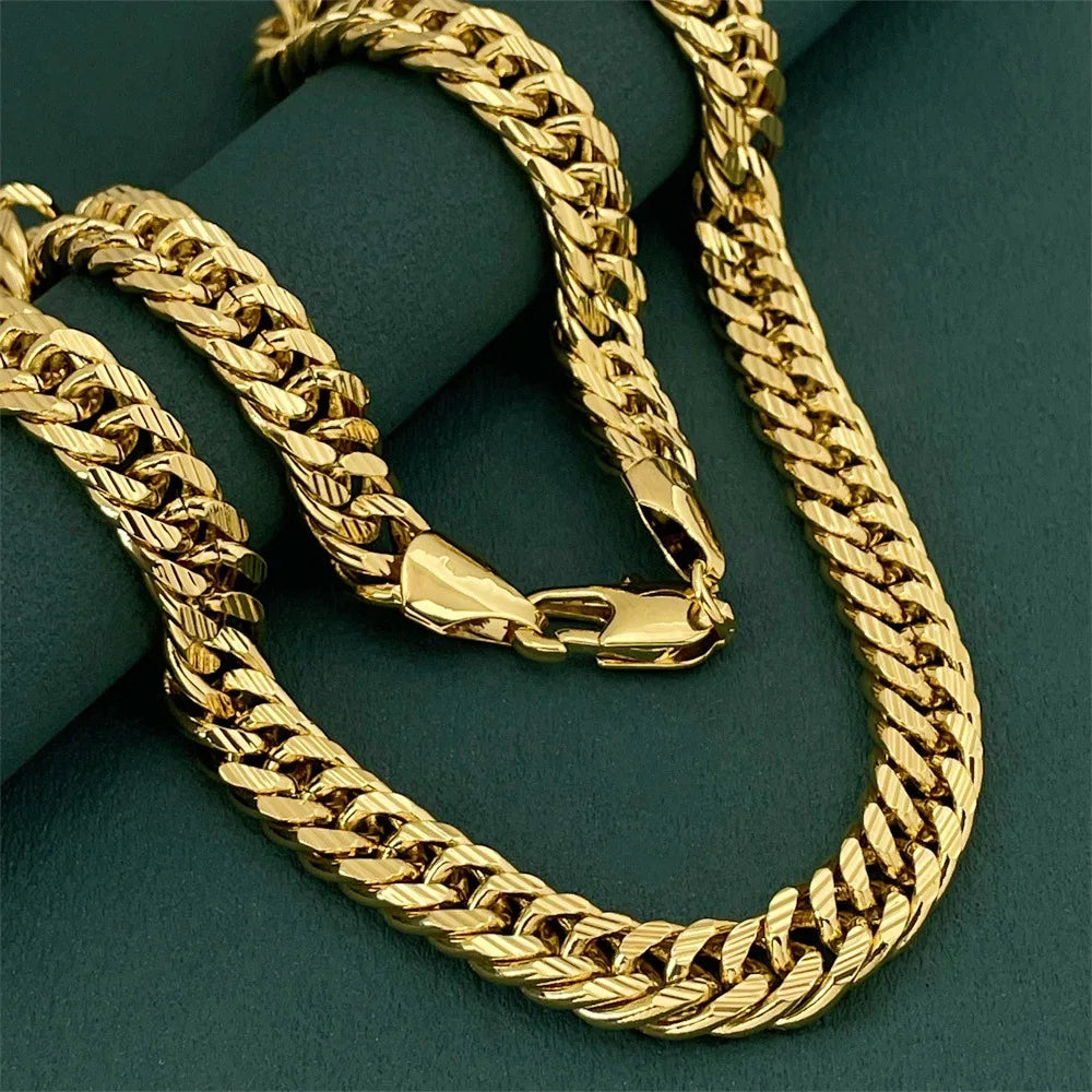 Men's 10MM 60CM Sideways Carved Chain, 24K Gold, AU999 | Gradient gold with gear motifs, youthful edge for modern trendsetters.