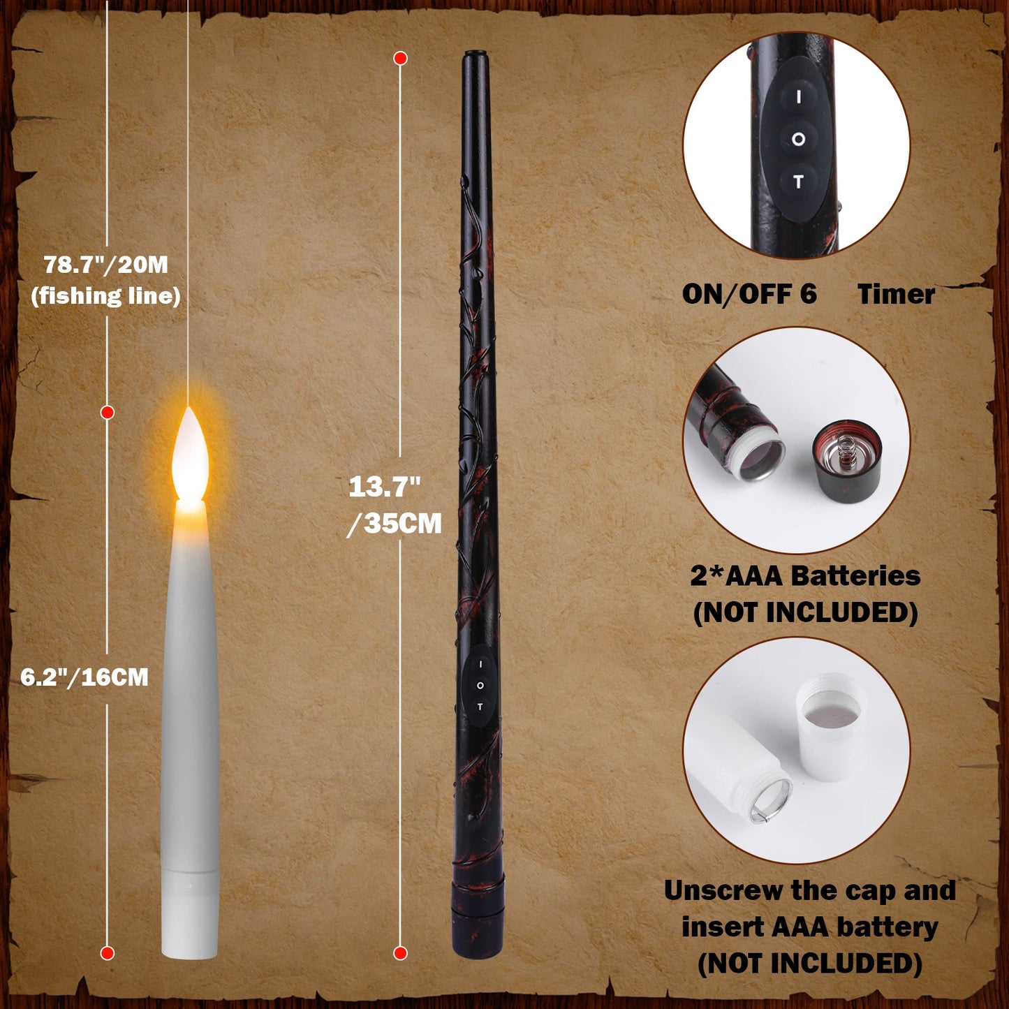 Floating Candles with Magic Wand Remote Control Flickering Warm Light Flameless Taper Candle for Christmas/Wedding/Party Home