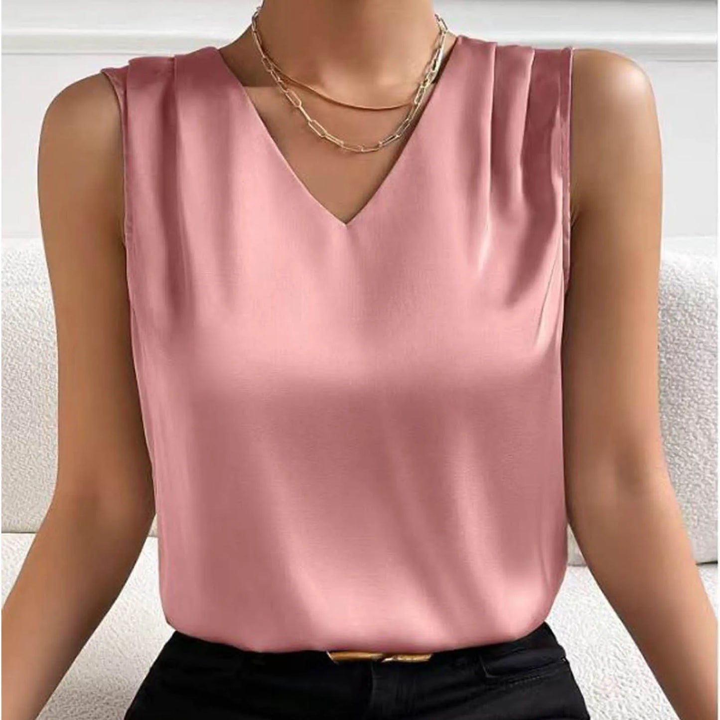 Coffee Tops For Women Summer V Neck Casual Soild Color Satin Sleeveless Basic Vest Shirt Fashionable Simple Apparel Shirts