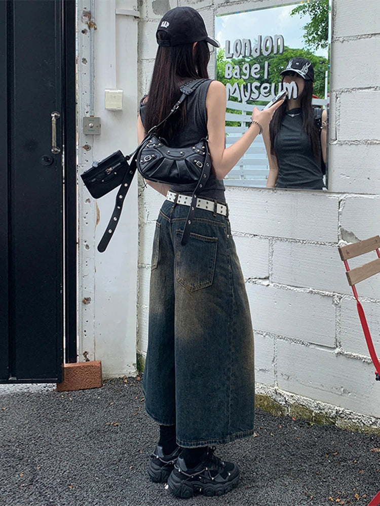 Women's Aesthetic Retro Wide Leg Denim Trouser Harajuku High Street High Waist Loose Jeans 2024 Spring Baggy Casual Fashion Pant