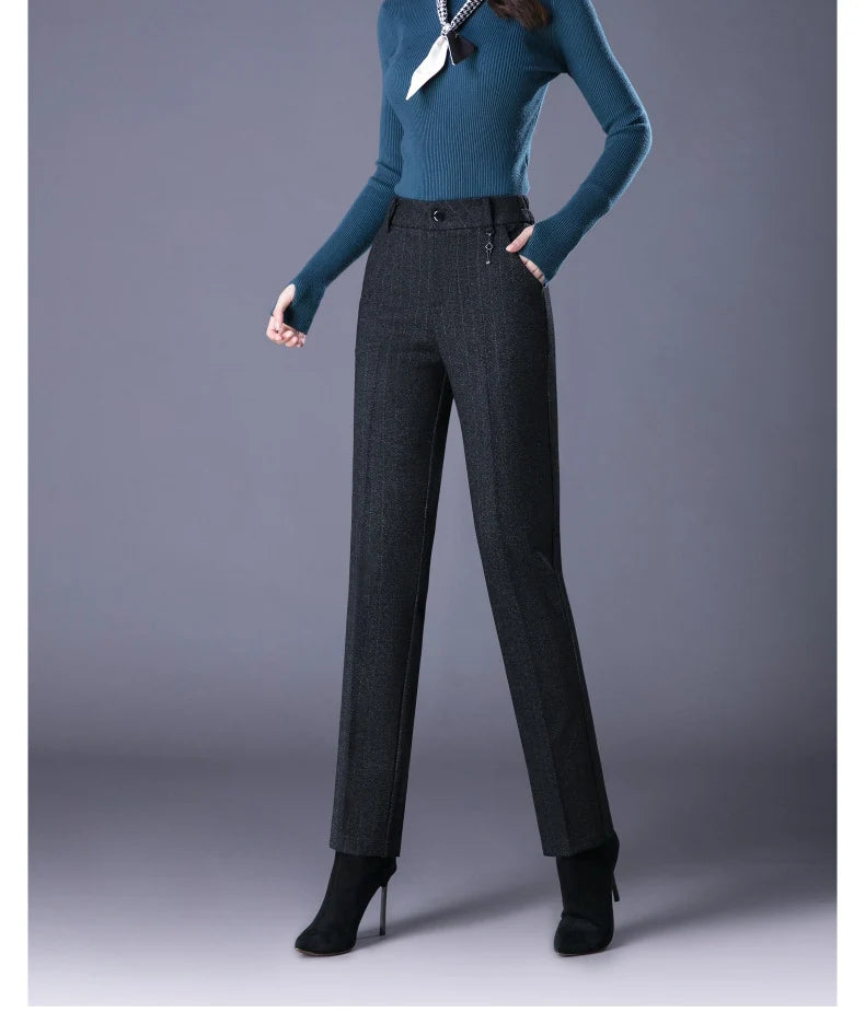 Woolen Trousers Women's Fall/winter High-waist Elastic Striped Straight-leg Pants Slim-fit Warm Trousers Pants for Women