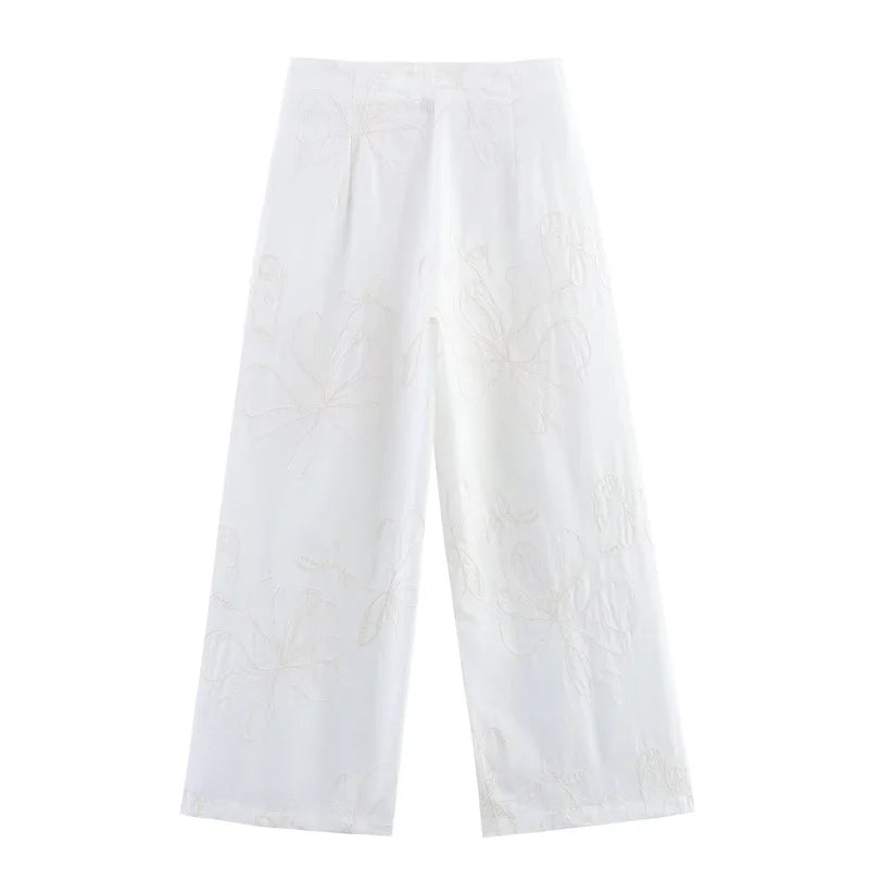 Women's suit New Summer 2025 White Camisole Wide-leg Pants Set Embroidered Trim Sexy Casual Personality Fashion