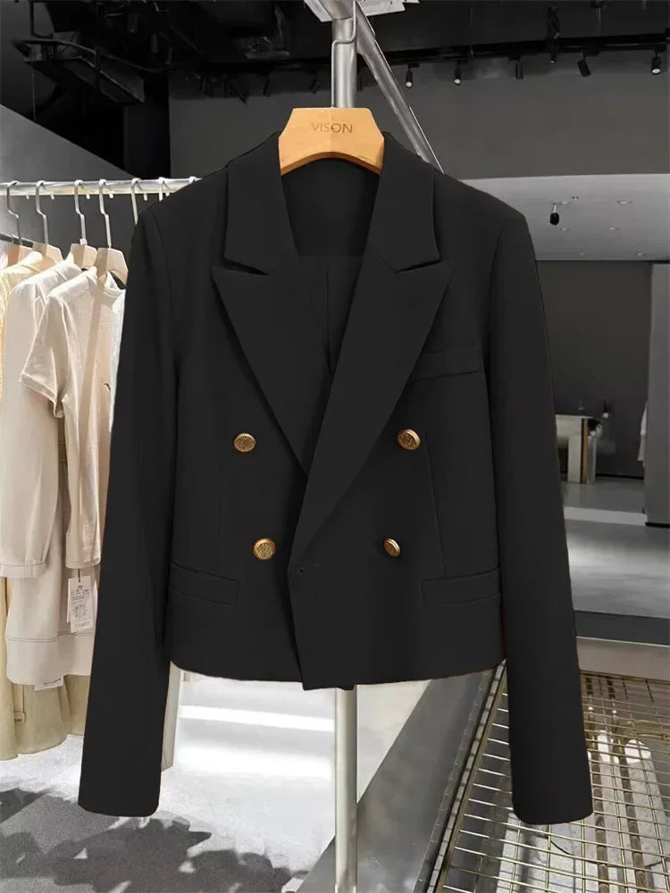 Women's Short Suit Jacket  Autumn 2025 Female Casual Suit Double-breasted Office Lady Solid Coffee Turndown Collar Blazers Women