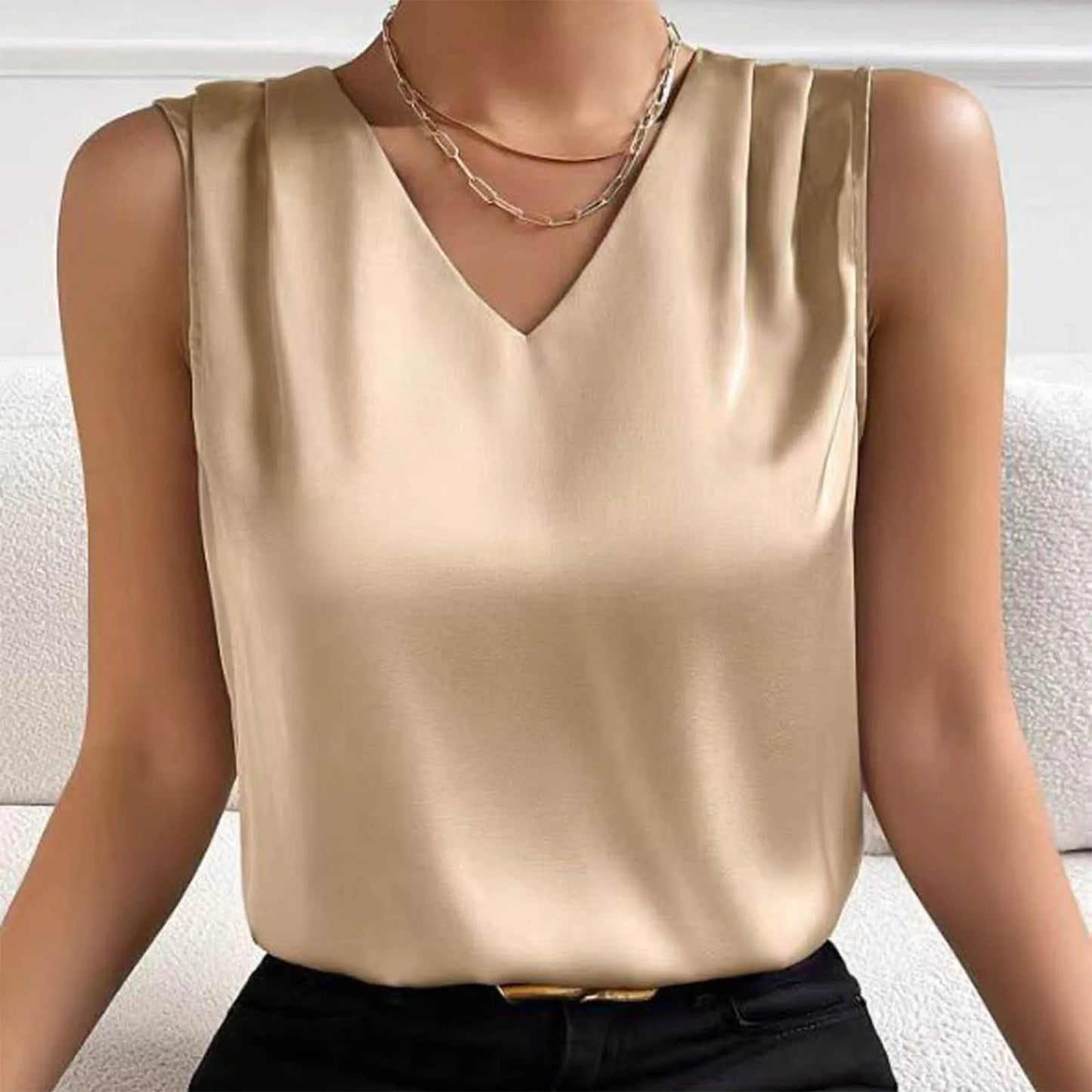 Coffee Tops For Women Summer V Neck Casual Soild Color Satin Sleeveless Basic Vest Shirt Fashionable Simple Apparel Shirts