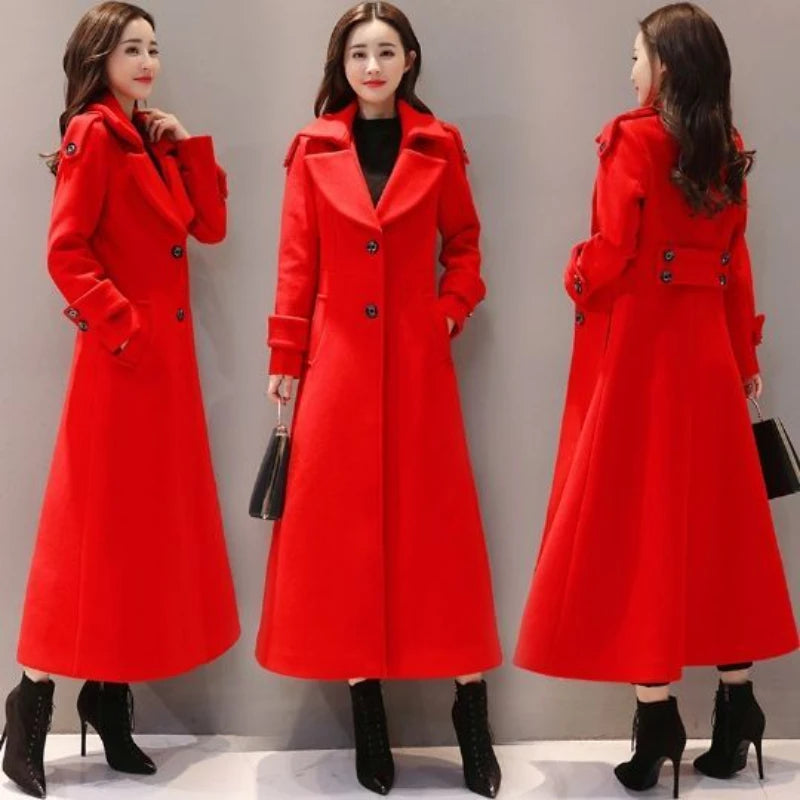 Women's Long Woolen Coat 2023 Spring Autumn New Korean Waist Slimming Over-Knee Thick Keep Warm Woolen Coat Lady Overcoat