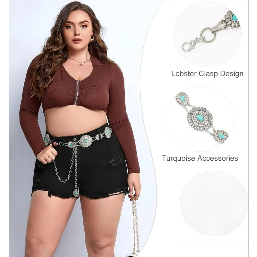 Women Concho Chain Belt Metal Link Western Cowgirl Turquoise Chain Belt for Dress