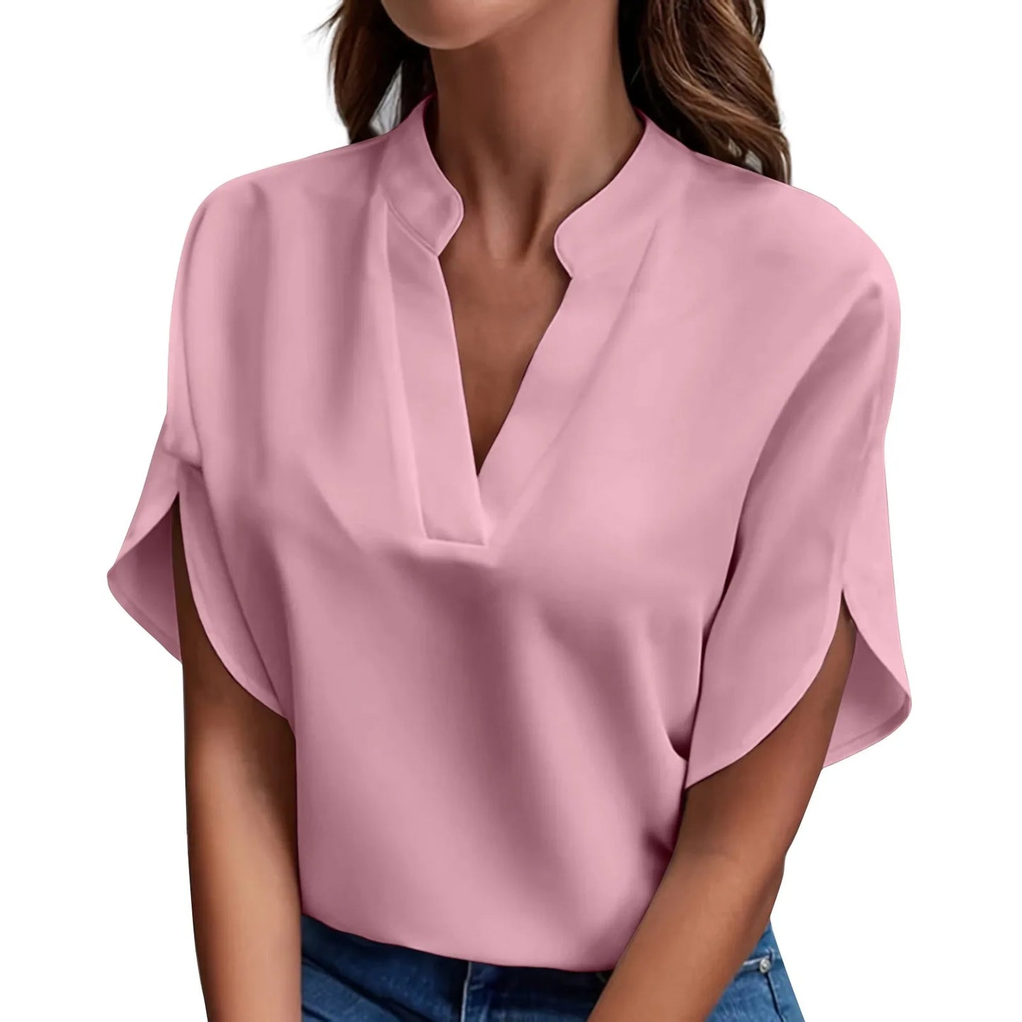 Summer Tops For Women Blouse 2024 Fashion Short Sleeve Solid V Neck Loose Shirts And Blouses Elegant Laies White Tops