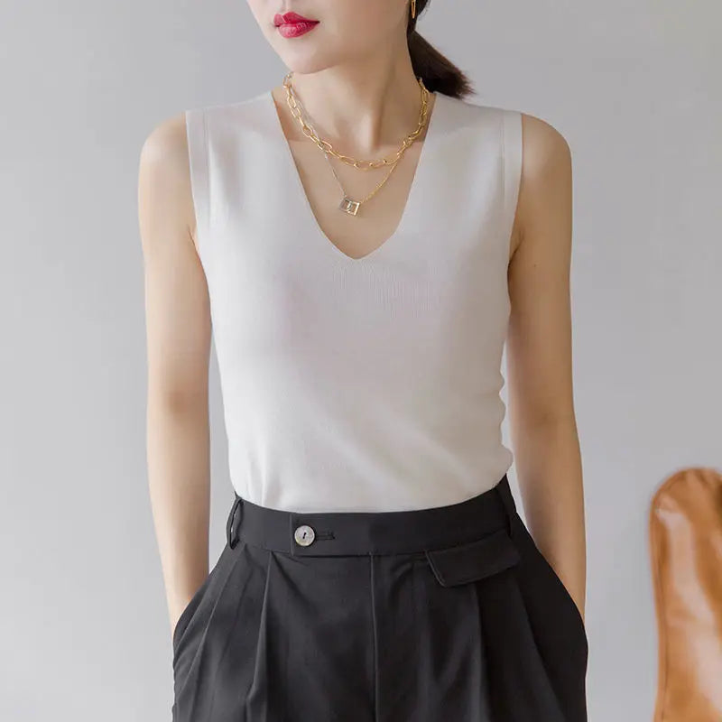 Summer Women Knitted Tank Tops Women Thin Tops Basic Casual Tank Tops V-neck Tees Sleeveless Tops For Women