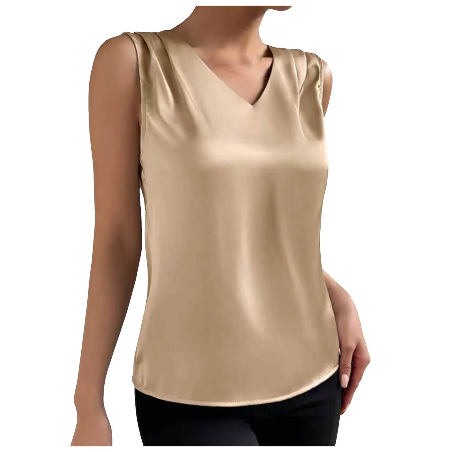 Coffee Tops For Women Summer V Neck Casual Soild Color Satin Sleeveless Basic Vest Shirt Fashionable Simple Apparel Shirts