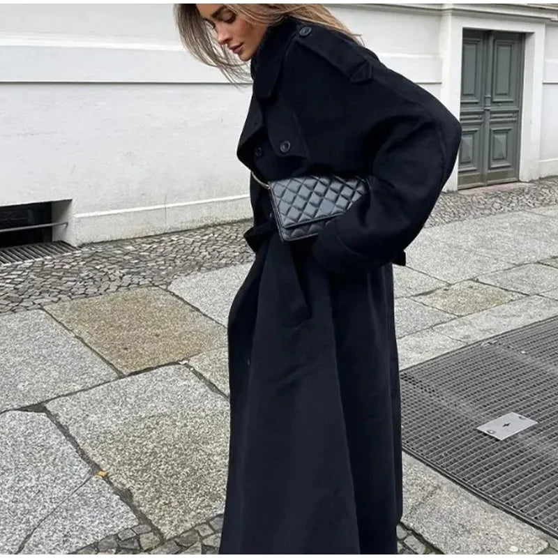 Woolen Breasted Long Coat Women Lapel Double Breasted Casual Pocket Chic Elegant Outwear Autumn Winter Street Lady Overcoat