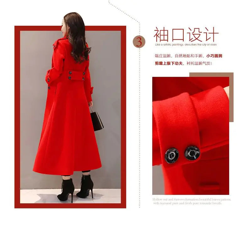 Women's Long Woolen Coat 2023 Spring Autumn New Korean Waist Slimming Over-Knee Thick Keep Warm Woolen Coat Lady Overcoat