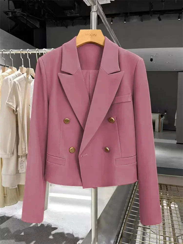 Women's Short Suit Jacket  Autumn 2025 Female Casual Suit Double-breasted Office Lady Solid Coffee Turndown Collar Blazers Women