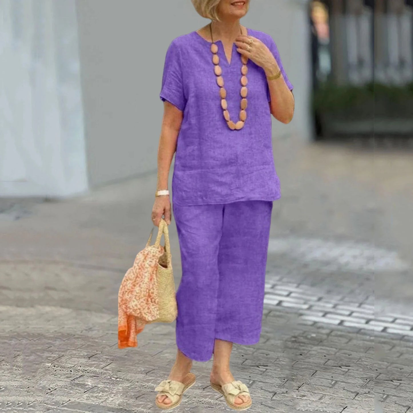 Women's Casual Suits Stylish Women's Cotton Linen Summer Suit with Wide Leg Pants Casual Loose Fit Two for Ladies for Summer