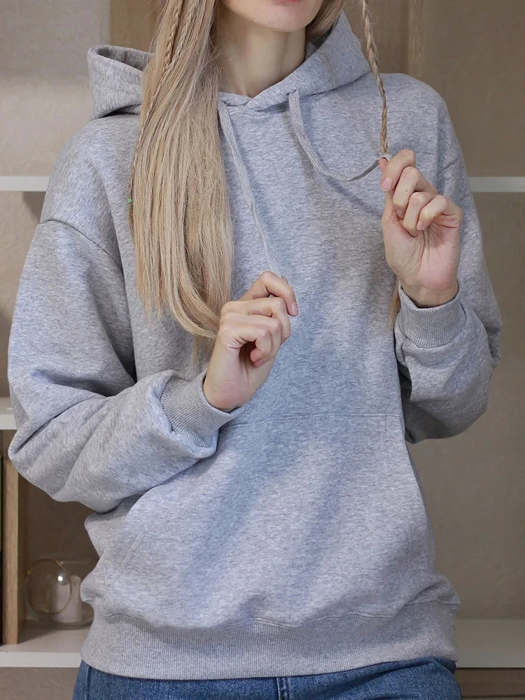 Solid Oversize Hoodies For Women Pocket Casual Loose Hooded Sweatshirt Woman Autumn Cotton Terry Hoodies Women Oversize Pullover
