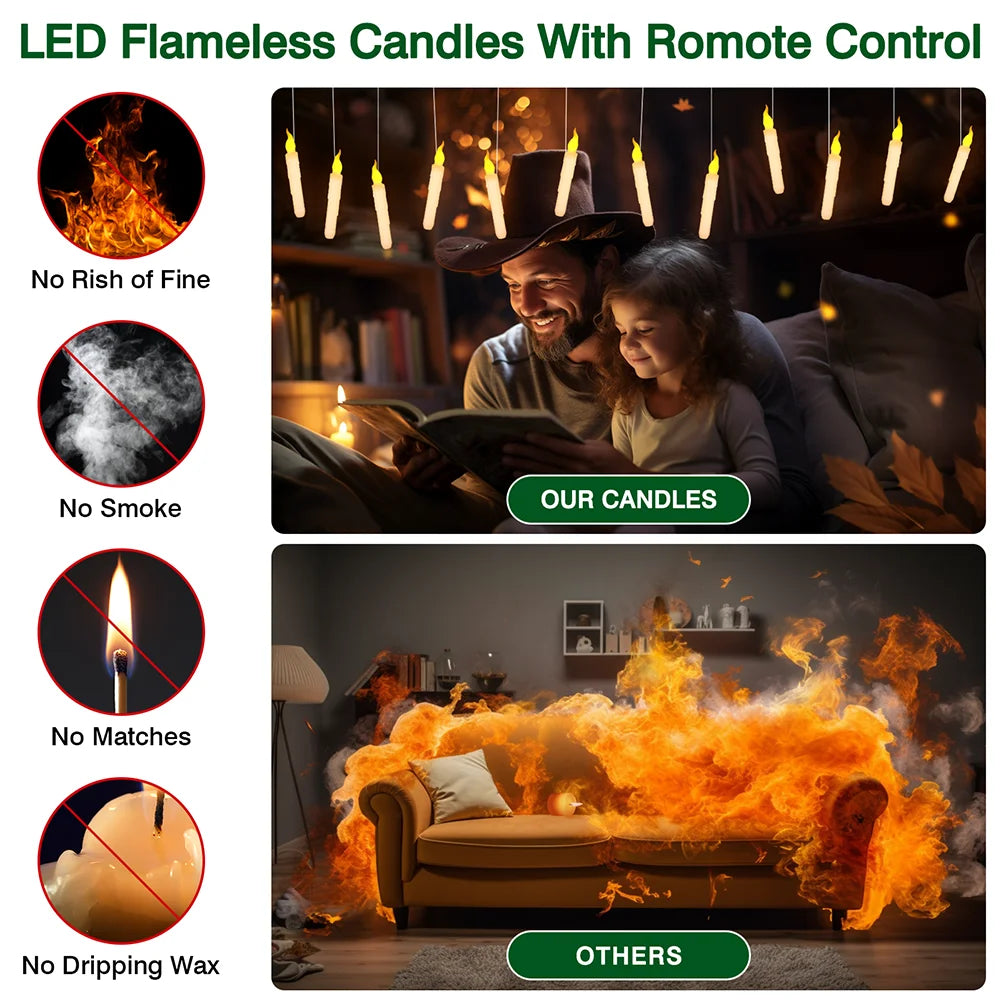 Floating Candles with Magic Wand Remote Control Flickering Warm Light Flameless Taper Candle for Christmas/Wedding/Party Home