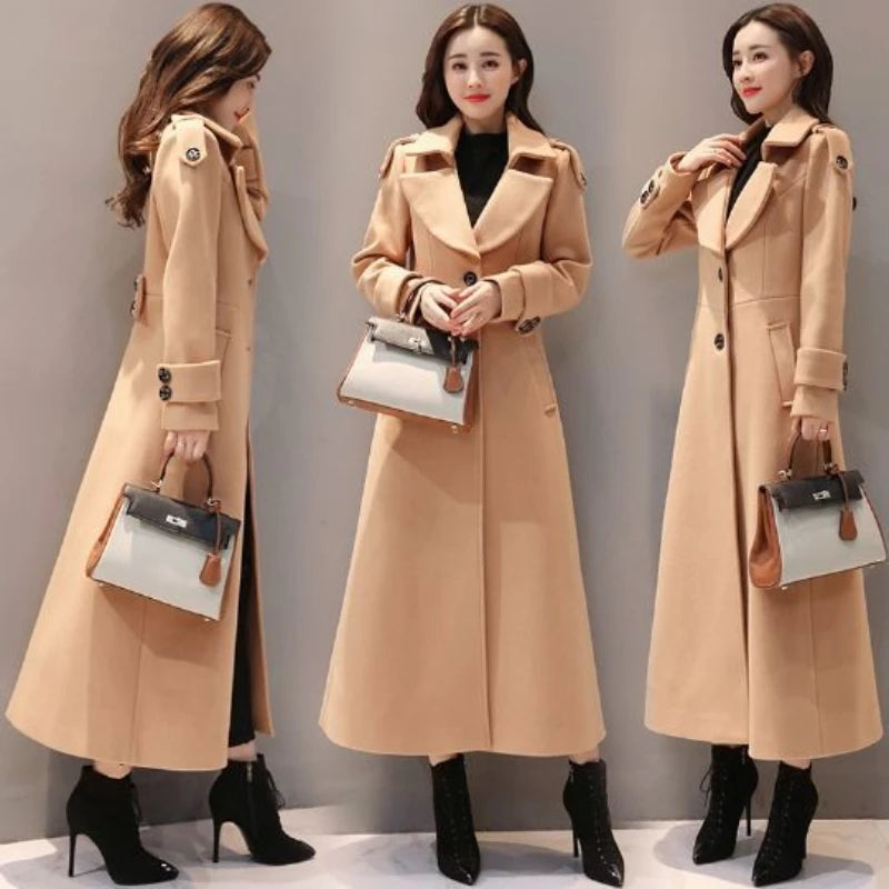 Women's Long Woolen Coat 2023 Spring Autumn New Korean Waist Slimming Over-Knee Thick Keep Warm Woolen Coat Lady Overcoat