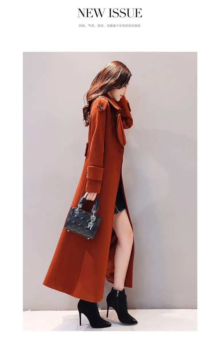 Women's Long Woolen Coat 2023 Spring Autumn New Korean Waist Slimming Over-Knee Thick Keep Warm Woolen Coat Lady Overcoat