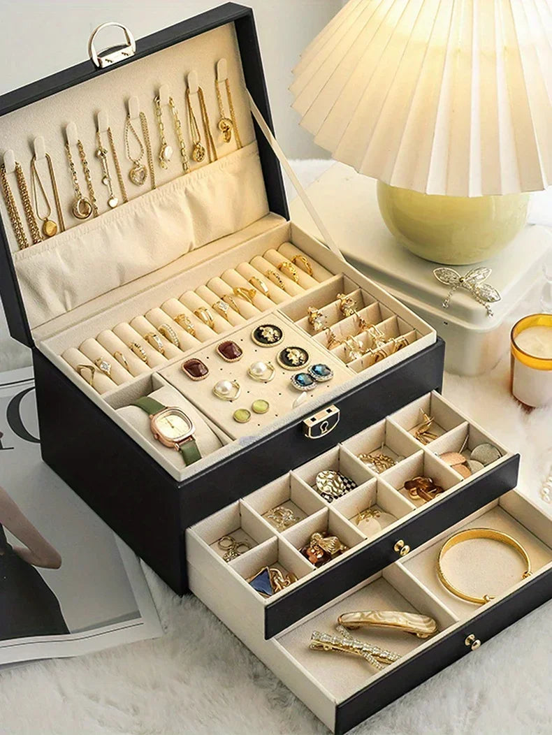 Jewelry storage box, high-end exquisite necklace earrings, gold jewelry box, large capacity multi-layer jewelry box