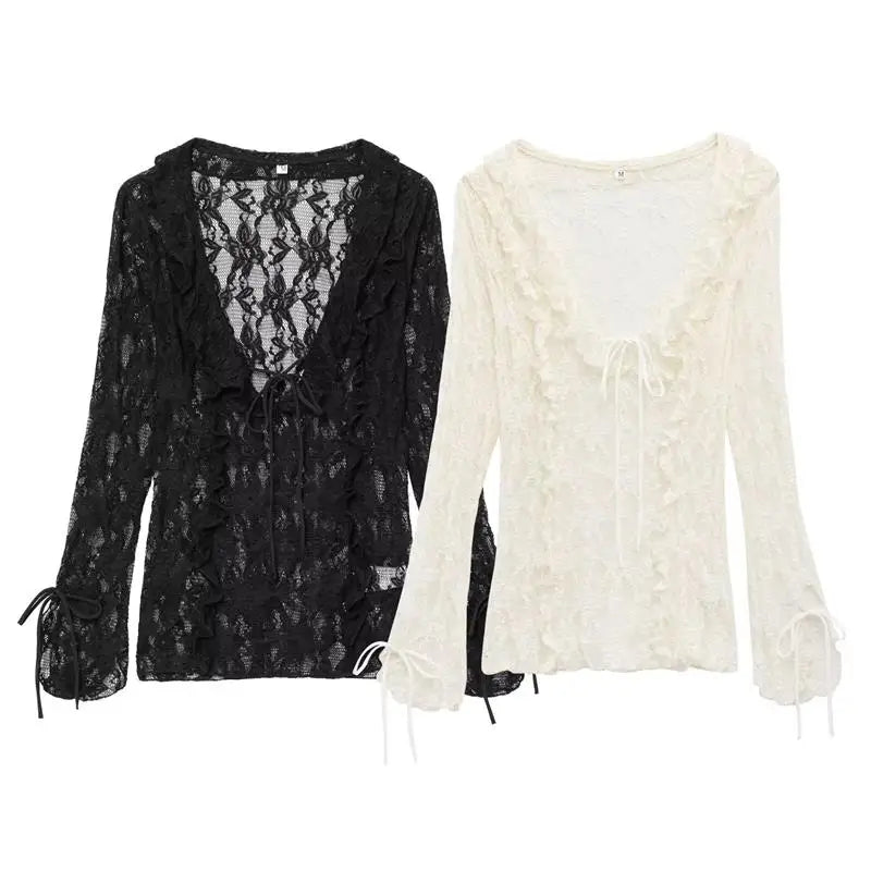 Women's Tops Summer 2025 New Chic Lace Perspective Elegant Holiday Tops Women Street Fashion Slim V-neck Youth Tops