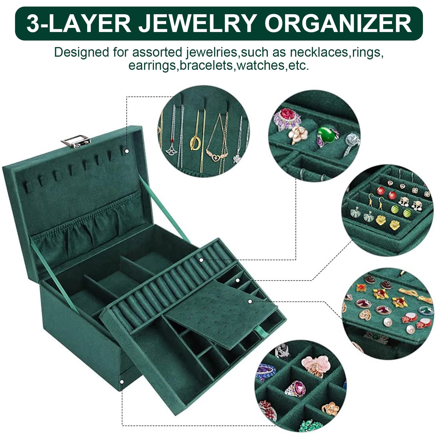 Jewelry Box for Women 3 Layers Large Jewelry Organizer with velvet Travel Jewelry Storage Organizer for Earring Ring Necklace
