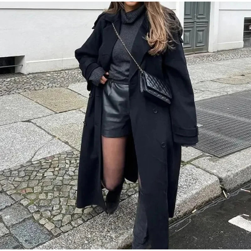 Woolen Breasted Long Coat Women Lapel Double Breasted Casual Pocket Chic Elegant Outwear Autumn Winter Street Lady Overcoat