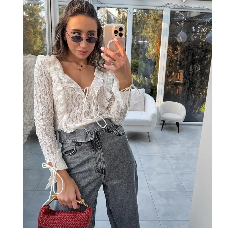 Women's Tops Summer 2025 New Chic Lace Perspective Elegant Holiday Tops Women Street Fashion Slim V-neck Youth Tops